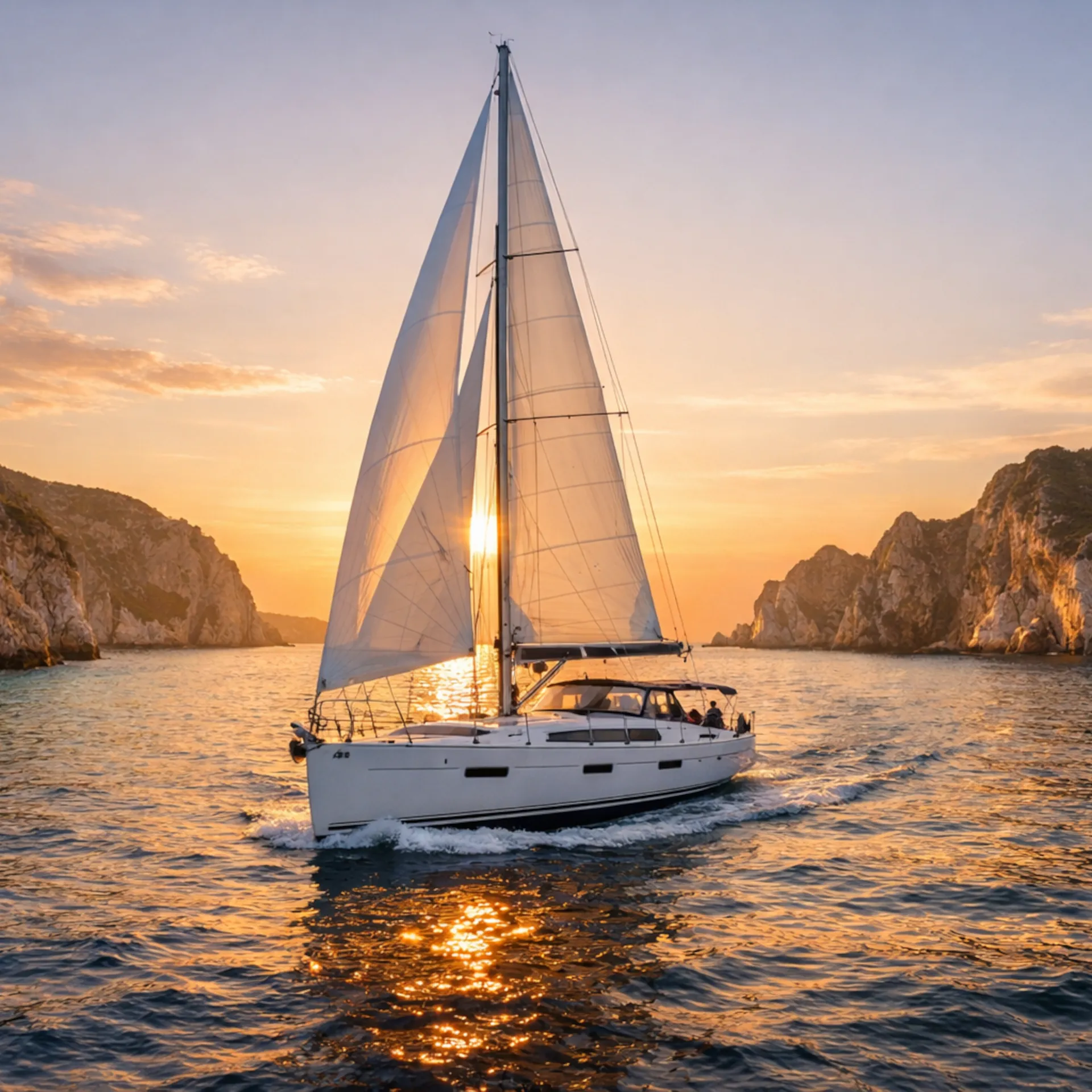 Barca a vela al tramonto tra le scogliere di Ponza e Palmarola, mare calmo e luce dorata